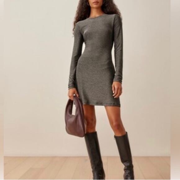 Reformation Dresses & Skirts - Reformation Women’s Riley Long Sleeve Metallic Silver Black Glitter Mini Dress M